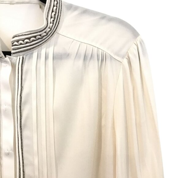 Elie Tahari Ivory Silk Long Sleeve Pintuck Blouse Embroidered Lurex Trim Size M - Picture 6 of 10